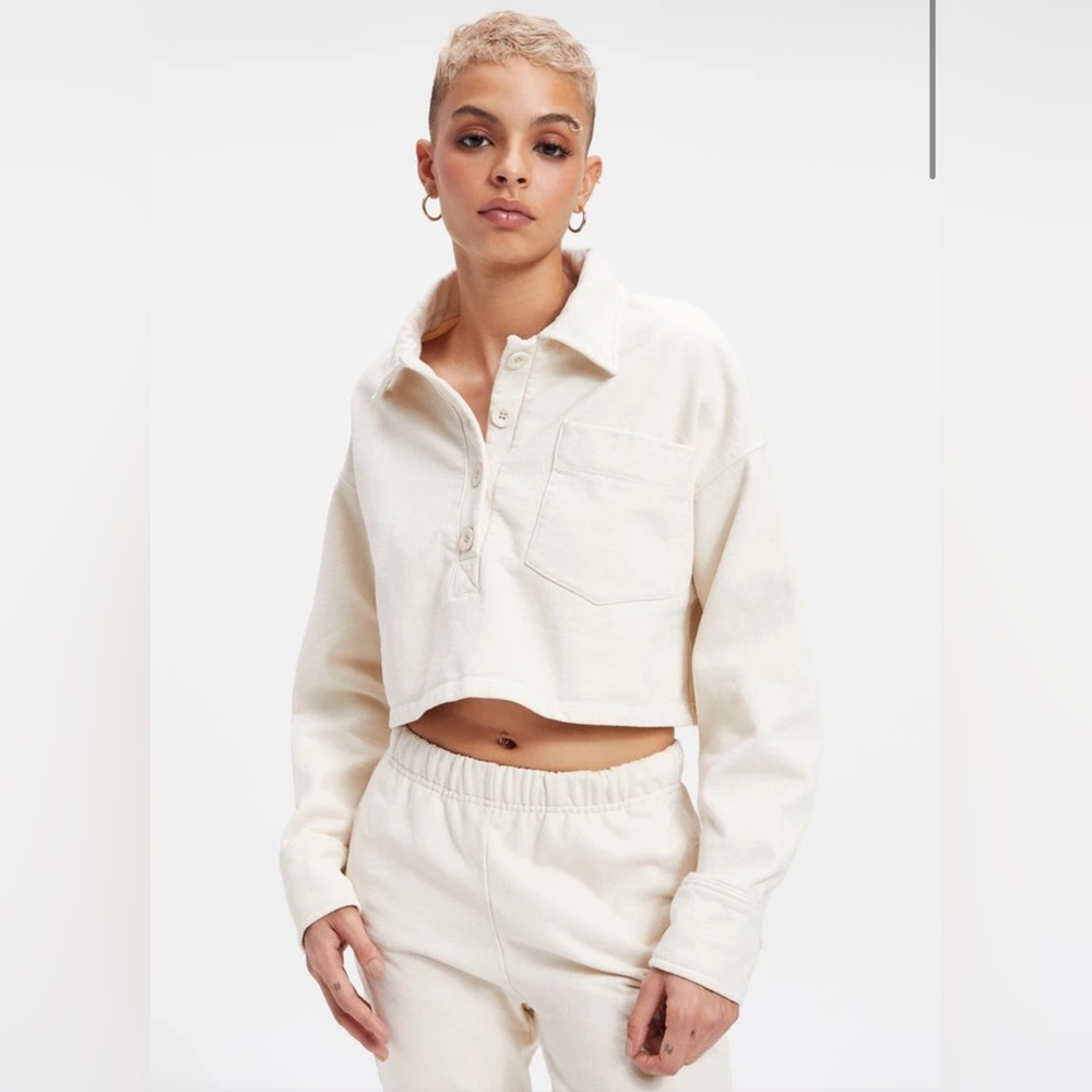Good American Cropped Fleece Polo sweatshirt relaxed fit  cream size 0 gorpocore